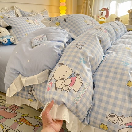 91家纺网 家纺一手货源 找家纺 沐辰 2024新款正版授权三丽鸥花边系列四件套 花边款-蓝格帕恰狗