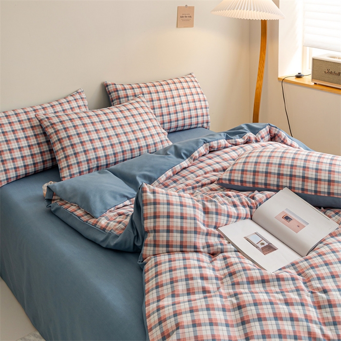 91家纺网 家纺一手货源 找家纺 米瑞娜 2024新款无印风四件套格子条纹水洗棉四件套 贝拉-粉