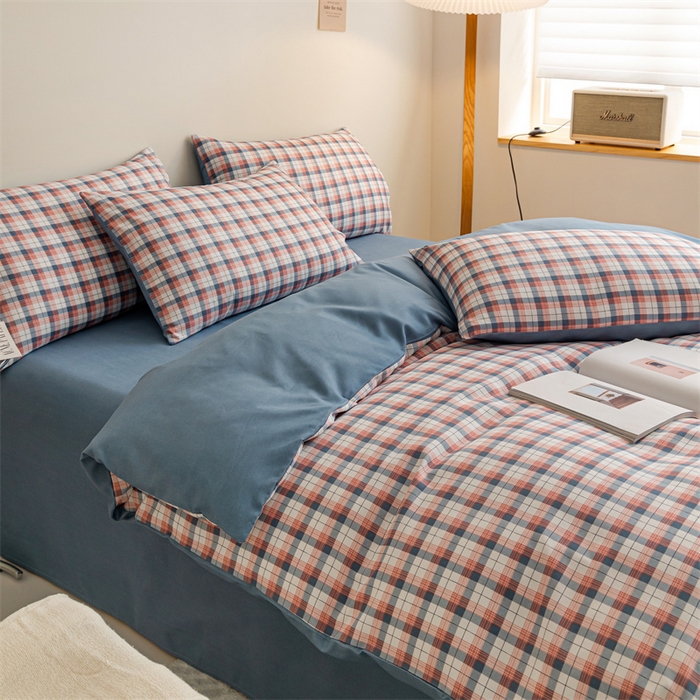 91家纺网 家纺一手货源 找家纺 米瑞娜 2024新款无印风四件套格子条纹水洗棉四件套 贝拉-粉