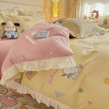 91家纺网 家纺一手货源 找家纺 沐辰 2024新款正版授权三丽鸥花边系列四件套 花边款-快乐帕恰狗