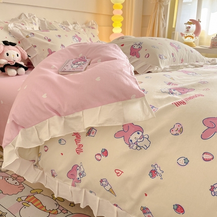 91家纺网 家纺一手货源 找家纺 沐辰 2024新款正版授权三丽鸥花边系列四件套 花边款-奶香美乐蒂