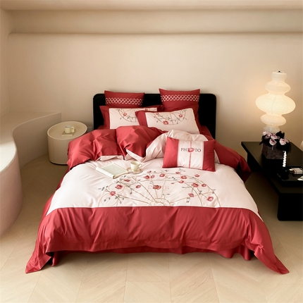 曼布缇 2025春夏新品100S澳棉长绒棉绣花四件套-香榭庄园 香榭庄园-红