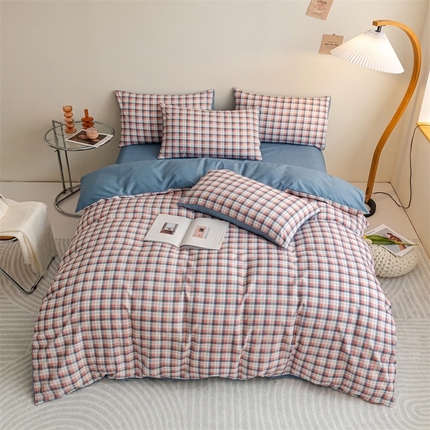 91家纺网 家纺一手货源 找家纺 米瑞娜 2024新款无印风四件套格子条纹水洗棉四件套 贝拉-粉