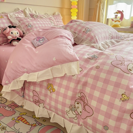 91家纺网 家纺一手货源 找家纺 沐辰 2024新款正版授权三丽鸥花边系列四件套 花边款-粉格美乐蒂