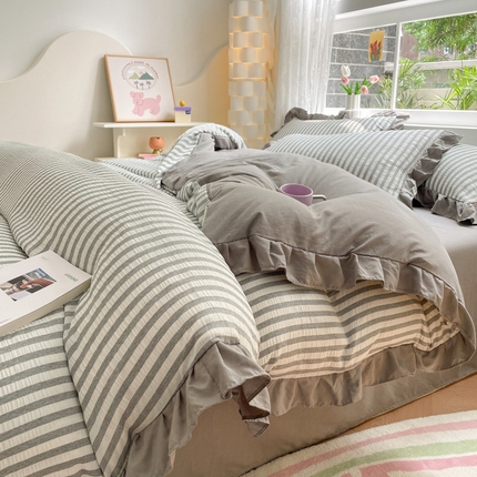 苏木年华 2024新款水洗棉竖条纹泡泡纱小清新花边四件套 泡泡纱- 浅灰