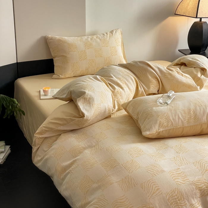 91家纺网 家纺一手货源 找家纺 苏木年华 2024新款A类全棉三层纱提花四件套--方格系列 方格绿