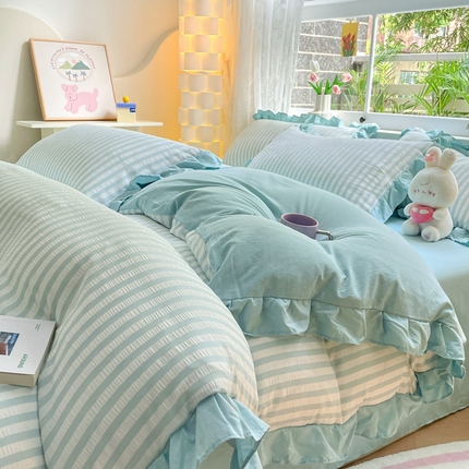 苏木年华 2024新款水洗棉竖条纹泡泡纱小清新花边四件套 泡泡纱-浅蓝