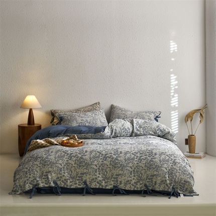 91家纺网 家纺一手货源 找家纺 （总）安莱生活 2024新款高端双层纱栀子花色织大提花蝴蝶结工艺款四件套