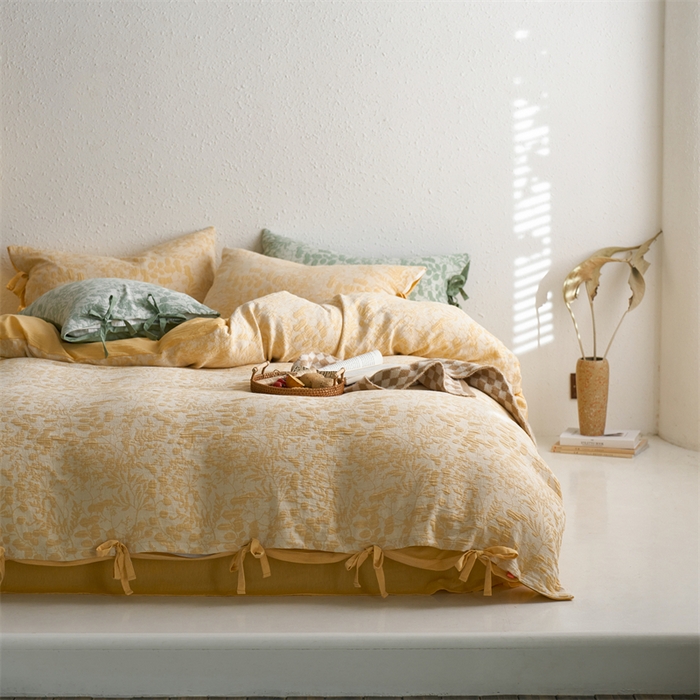 91家纺网 家纺一手货源 找家纺 （总）安莱生活 2024新款高端双层纱栀子花色织大提花蝴蝶结工艺款四件套