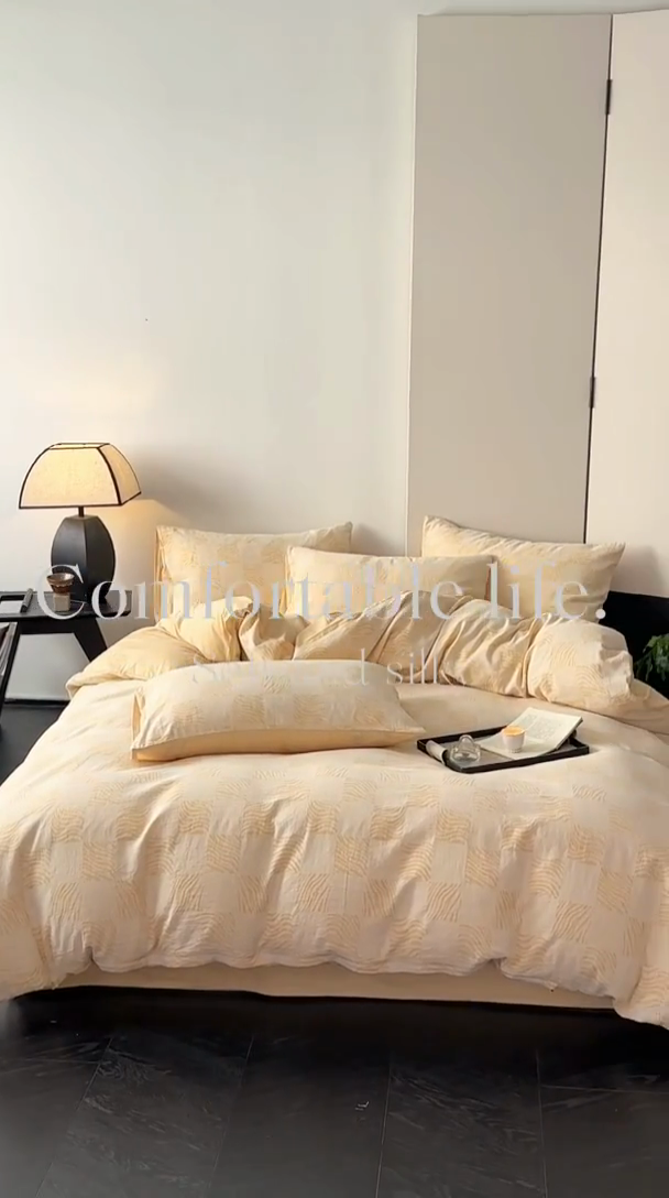 91家纺网 家纺一手货源 找家纺 苏木年华 2024新款A类全棉三层纱提花四件套--方格系列 方格绿