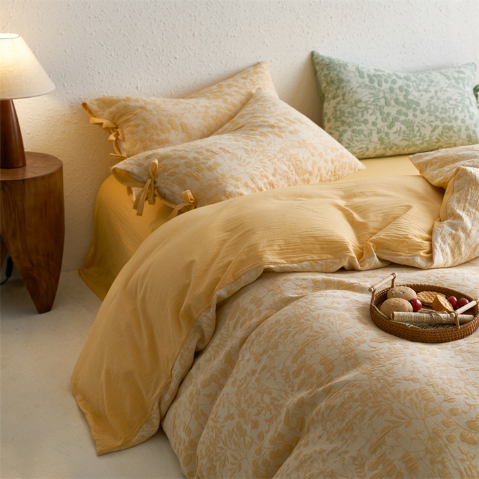 91家纺网 家纺一手货源 找家纺 （总）安莱生活 2024新款高端双层纱栀子花色织大提花蝴蝶结工艺款四件套