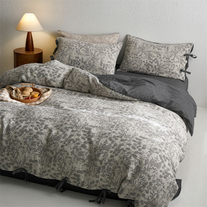 91家纺网 家纺一手货源 找家纺 安莱生活 2024新款高端双层纱栀子花色织大提花蝴蝶结工艺款四件套 栀子花-深灰