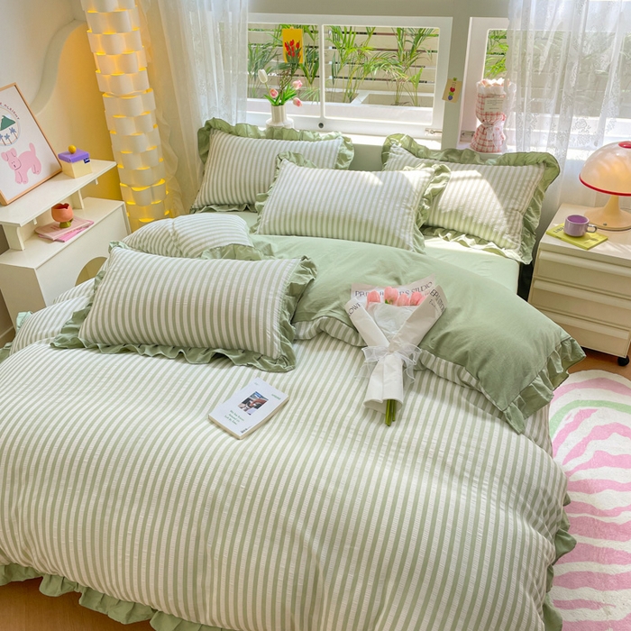 91家纺网 家纺一手货源 找家纺 （总）苏木年华 2024新款水洗棉竖条纹泡泡纱小清新花边四件套