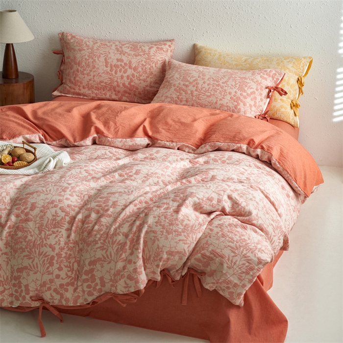 91家纺网 家纺一手货源 找家纺 安莱生活 2024新款高端双层纱栀子花色织大提花蝴蝶结工艺款四件套 栀子花-橘红