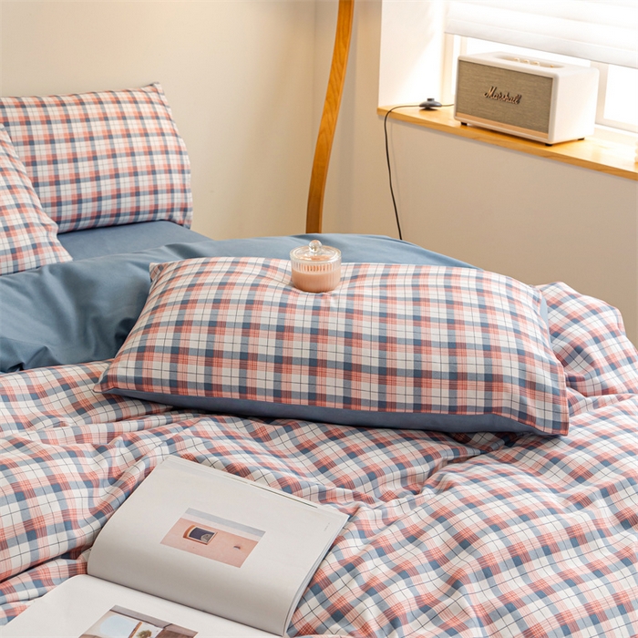 91家纺网 家纺一手货源 找家纺 米瑞娜 2024新款无印风四件套格子条纹水洗棉四件套 贝拉-粉