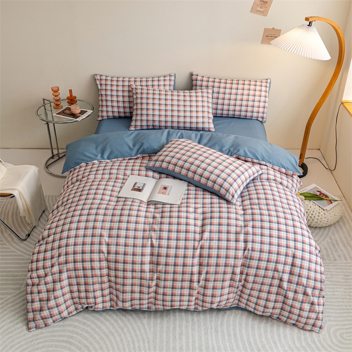 91家纺网 家纺一手货源 找家纺 米瑞娜 2024新款无印风四件套格子条纹水洗棉四件套 贝拉-粉