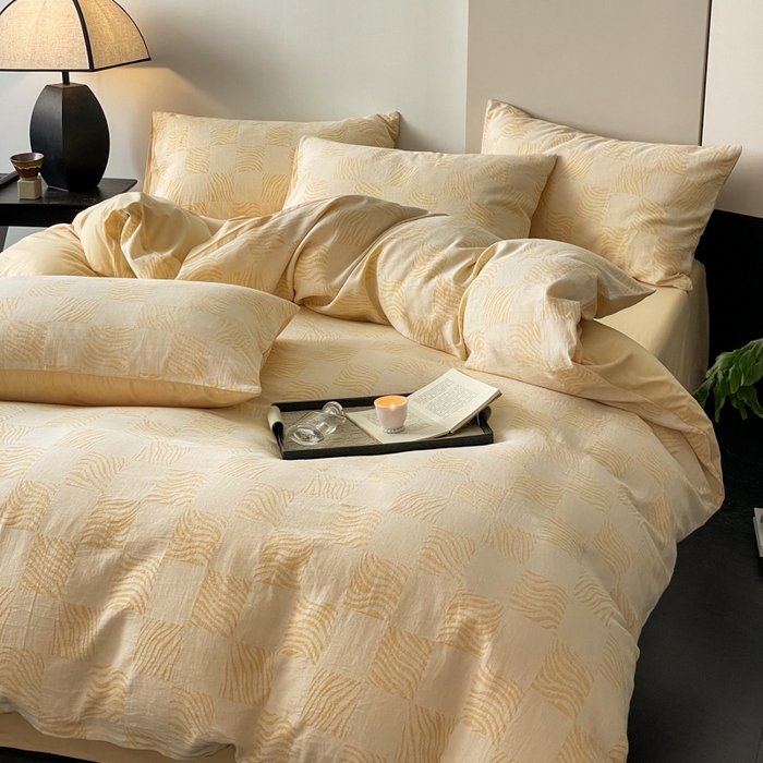 91家纺网 家纺一手货源 找家纺 苏木年华 2024新款A类全棉三层纱提花四件套--方格系列 方格绿