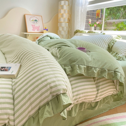 苏木年华 2024新款水洗棉竖条纹泡泡纱小清新花边四件套 泡泡纱- 草绿