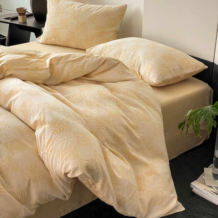 91家纺网 家纺一手货源 找家纺 苏木年华 2024新款A类全棉三层纱提花四件套--方格系列 方格绿