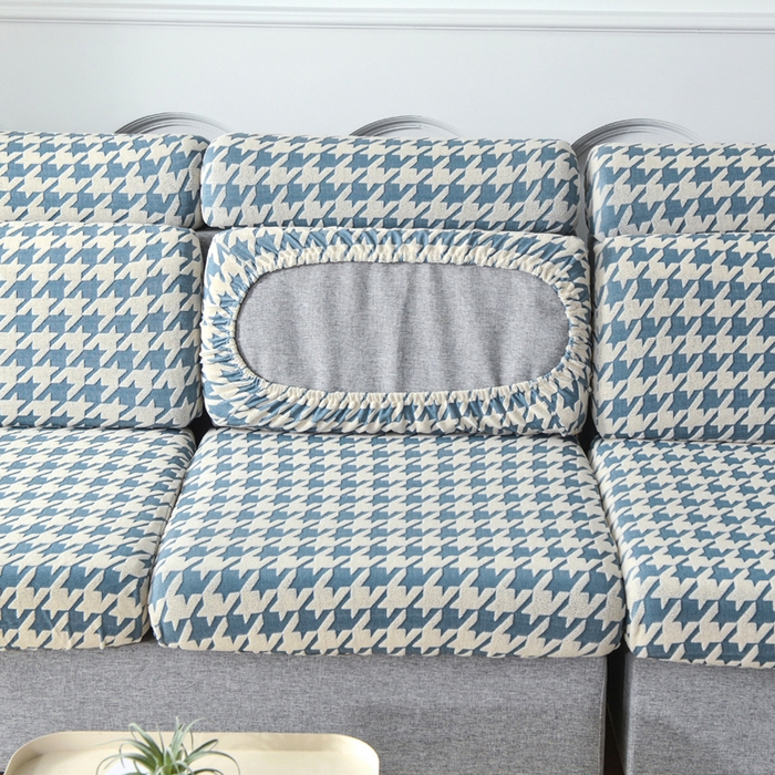 91家纺网 家纺一手货源 找家纺 千彤沙发垫 2024常规款粗线棉麻千鸟格沙发套 蓝色