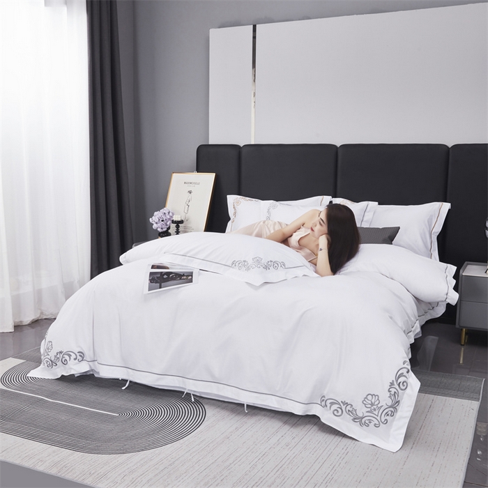 91家纺网 家纺一手货源 找家纺 罗菲尼酒店用品 2025新款全棉高支贡缎喷气绣花酒店宾馆四件套 时尚 灰