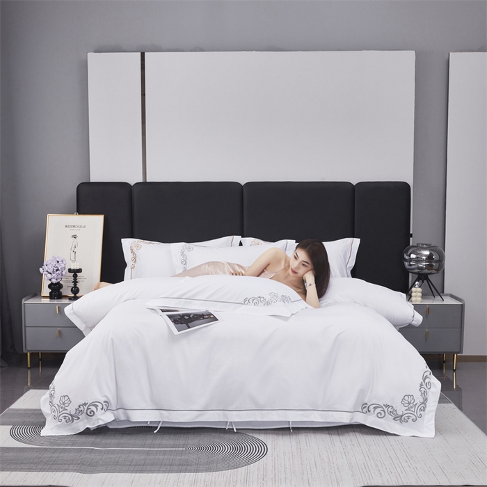 91家纺网 家纺一手货源 找家纺 罗菲尼酒店用品 2025新款全棉高支贡缎喷气绣花酒店宾馆四件套 时尚 灰