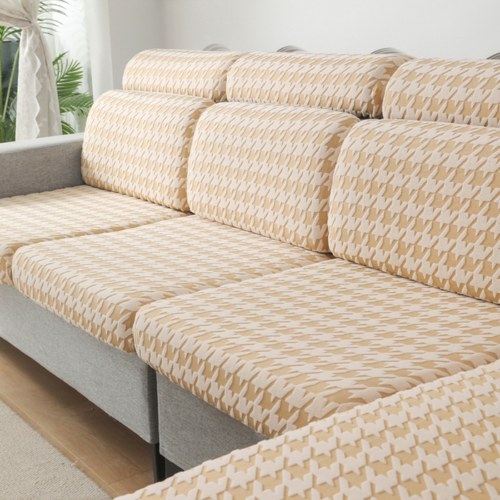 91家纺网 家纺一手货源 找家纺 千彤沙发垫 2024常规款粗线棉麻千鸟格沙发套 米黄