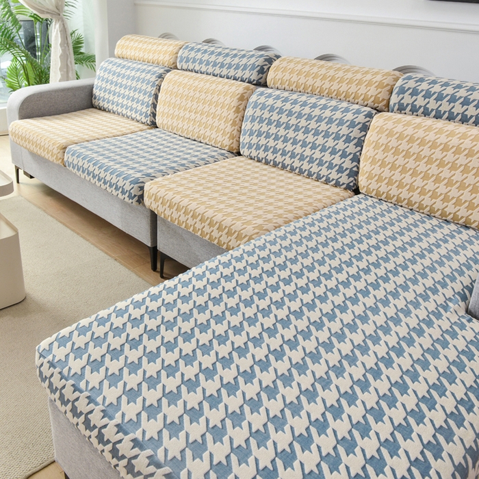 91家纺网 家纺一手货源 找家纺 千彤沙发垫 2024常规款粗线棉麻千鸟格沙发套 米黄蓝色