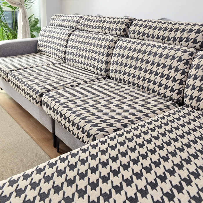 91家纺网 家纺一手货源 找家纺 千彤沙发垫 2024常规款粗线棉麻千鸟格沙发套 黑白