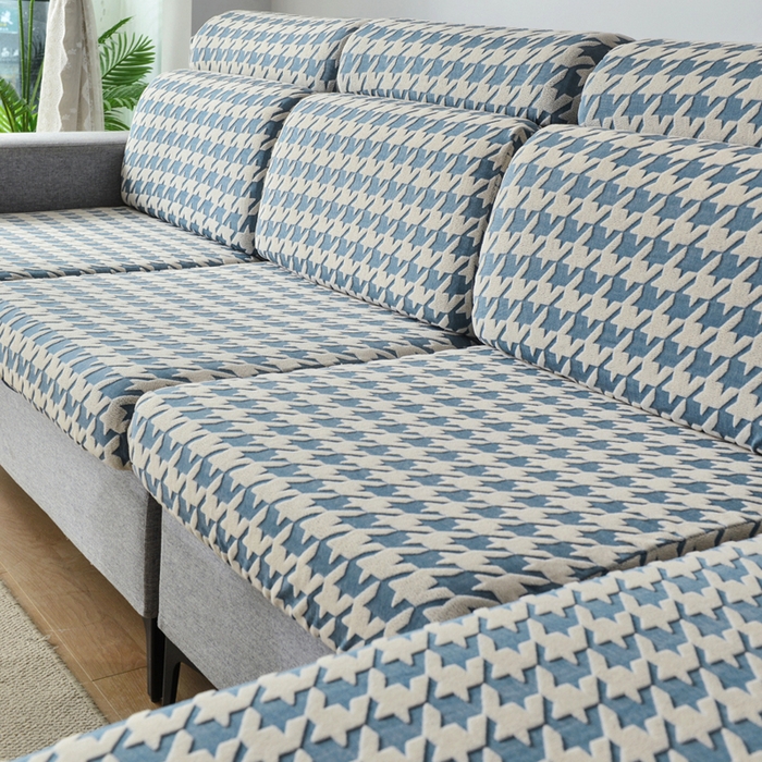 91家纺网 家纺一手货源 找家纺 千彤沙发垫 2024常规款粗线棉麻千鸟格沙发套 蓝色