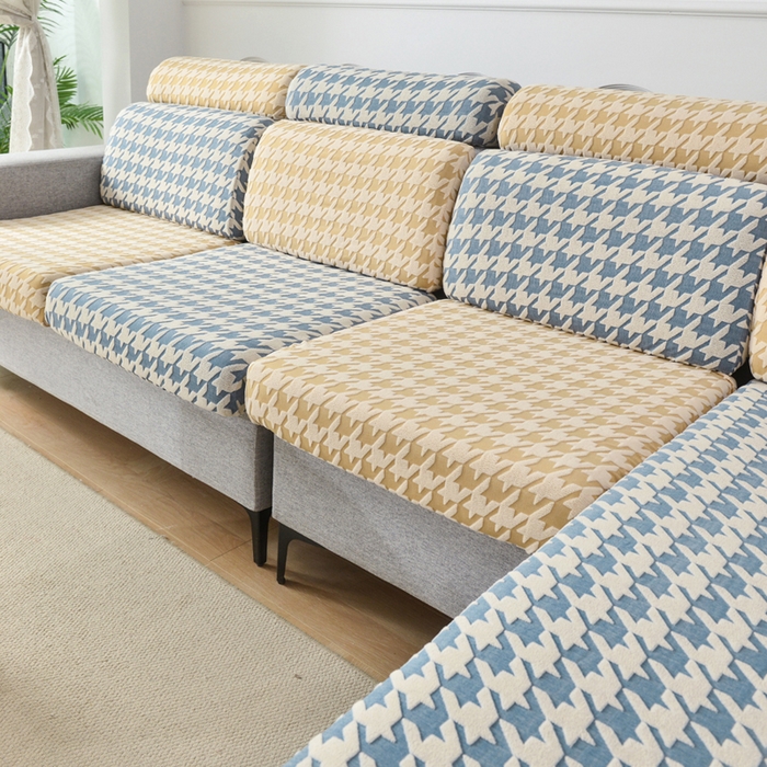 91家纺网 家纺一手货源 找家纺 千彤沙发垫 2024常规款粗线棉麻千鸟格沙发套 米黄蓝色