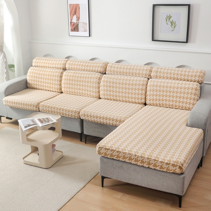 千彤沙发垫 2024常规款粗线棉麻千鸟格沙发套 米黄