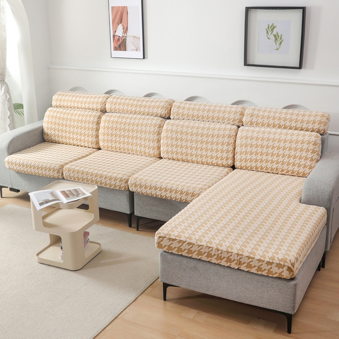 91家纺网 家纺一手货源 找家纺 千彤沙发垫 2024常规款粗线棉麻千鸟格沙发套 米黄