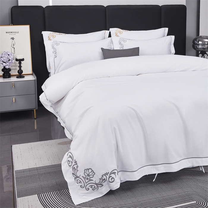 91家纺网 家纺一手货源 找家纺 罗菲尼酒店用品 2025新款全棉高支贡缎喷气绣花酒店宾馆四件套 时尚 灰