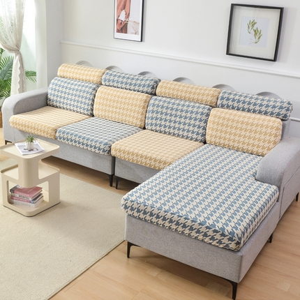 千彤沙发垫 2024常规款粗线棉麻千鸟格沙发套 米黄蓝色