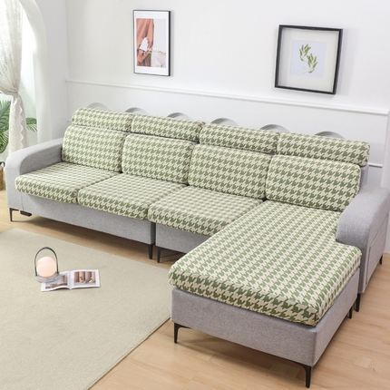 千彤沙发垫 2024常规款粗线棉麻千鸟格沙发套 绿色
