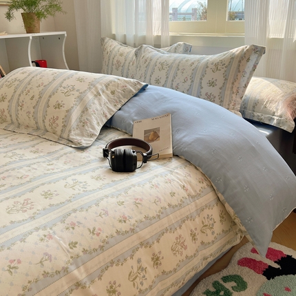 盛馨 2024全棉高支高密精梳棉小清新碎花四件套纯棉床笠三件套 半慕
