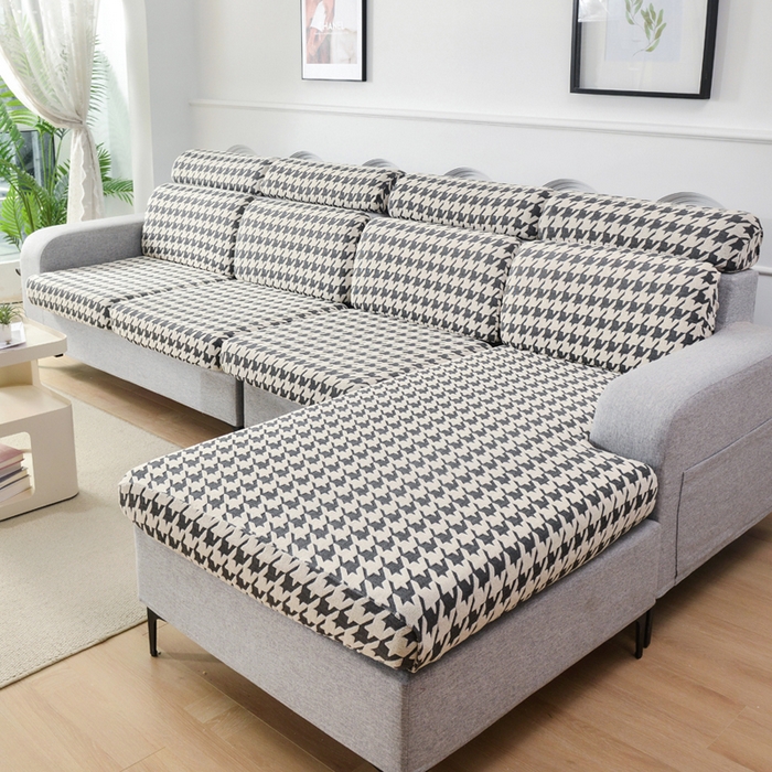 91家纺网 家纺一手货源 找家纺 千彤沙发垫 2024常规款粗线棉麻千鸟格沙发套 黑白