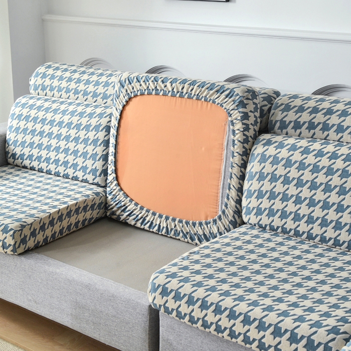 91家纺网 家纺一手货源 找家纺 千彤沙发垫 2024常规款粗线棉麻千鸟格沙发套 蓝色