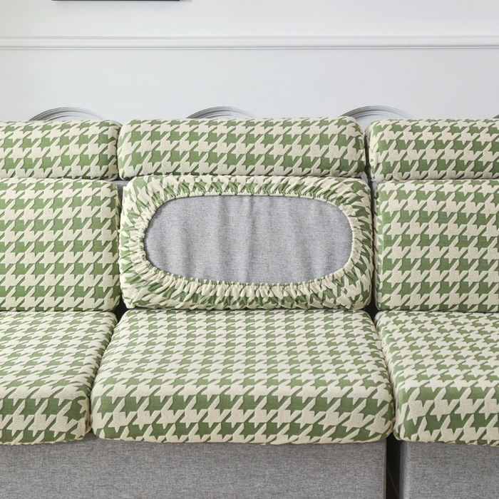 91家纺网 家纺一手货源 找家纺 千彤沙发垫 2024常规款粗线棉麻千鸟格沙发套 绿色
