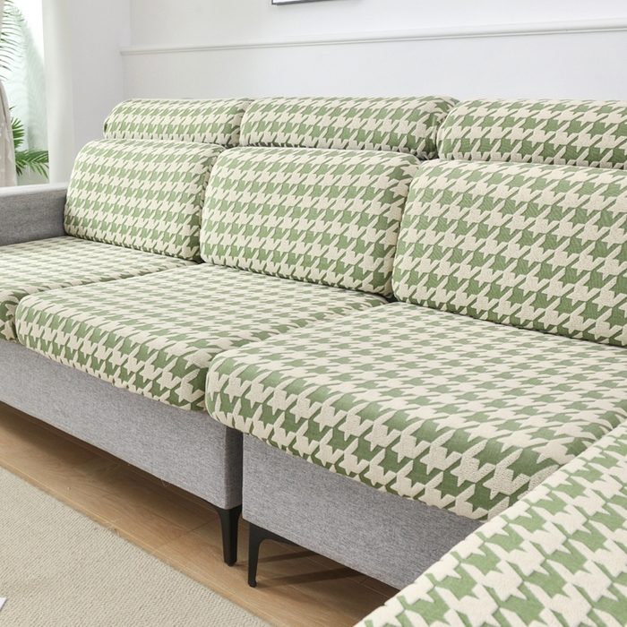 91家纺网 家纺一手货源 找家纺 千彤沙发垫 2024常规款粗线棉麻千鸟格沙发套 绿色