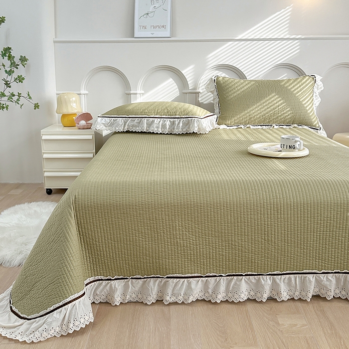 91家纺网 家纺一手货源 找家纺 上喜 热卖双层纱花边款床盖三件套 香果绿