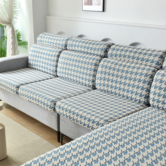 91家纺网 家纺一手货源 找家纺 千彤沙发垫 2024常规款粗线棉麻千鸟格沙发套 蓝色