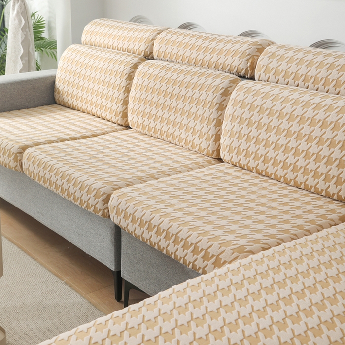 91家纺网 家纺一手货源 找家纺 千彤沙发垫 2024常规款粗线棉麻千鸟格沙发套 米黄