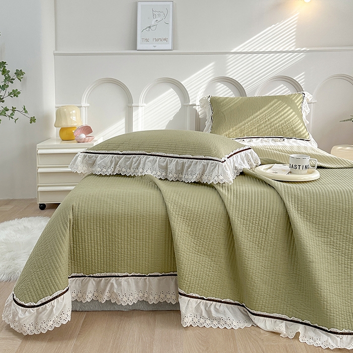 91家纺网 家纺一手货源 找家纺 上喜 热卖双层纱花边款床盖三件套 香果绿