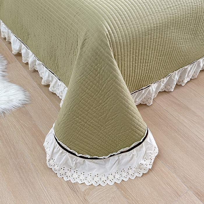 91家纺网 家纺一手货源 找家纺 上喜 热卖双层纱花边款床盖三件套 香果绿