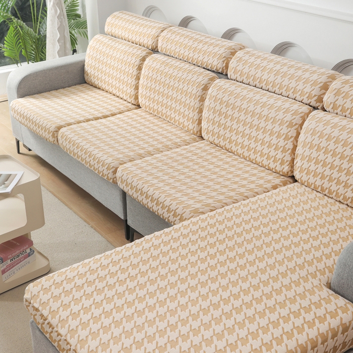 91家纺网 家纺一手货源 找家纺 千彤沙发垫 2024常规款粗线棉麻千鸟格沙发套 米黄