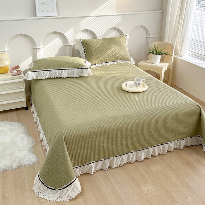 91家纺网 家纺一手货源 找家纺 上喜 热卖双层纱花边款床盖三件套 香果绿