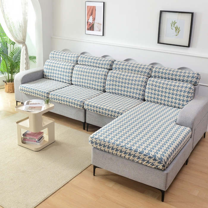 91家纺网 家纺一手货源 找家纺 千彤沙发垫 2024常规款粗线棉麻千鸟格沙发套 蓝色