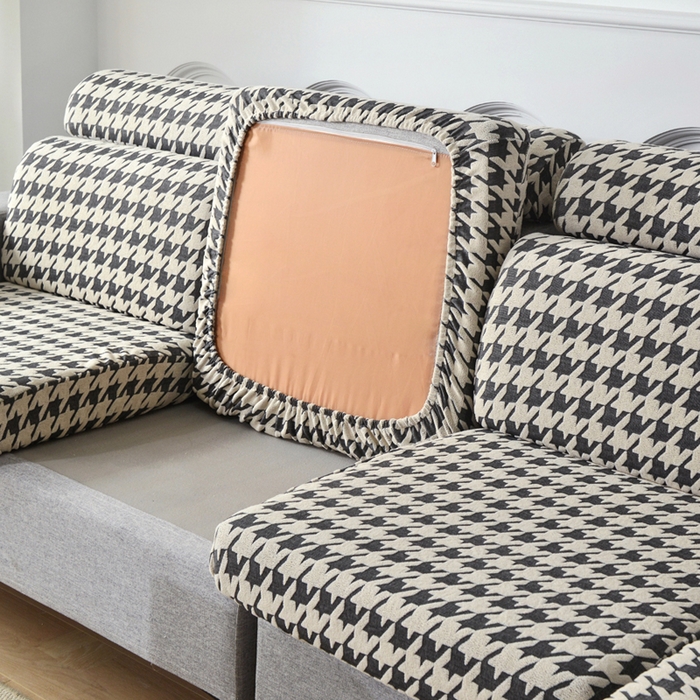 91家纺网 家纺一手货源 找家纺 千彤沙发垫 2024常规款粗线棉麻千鸟格沙发套 黑白